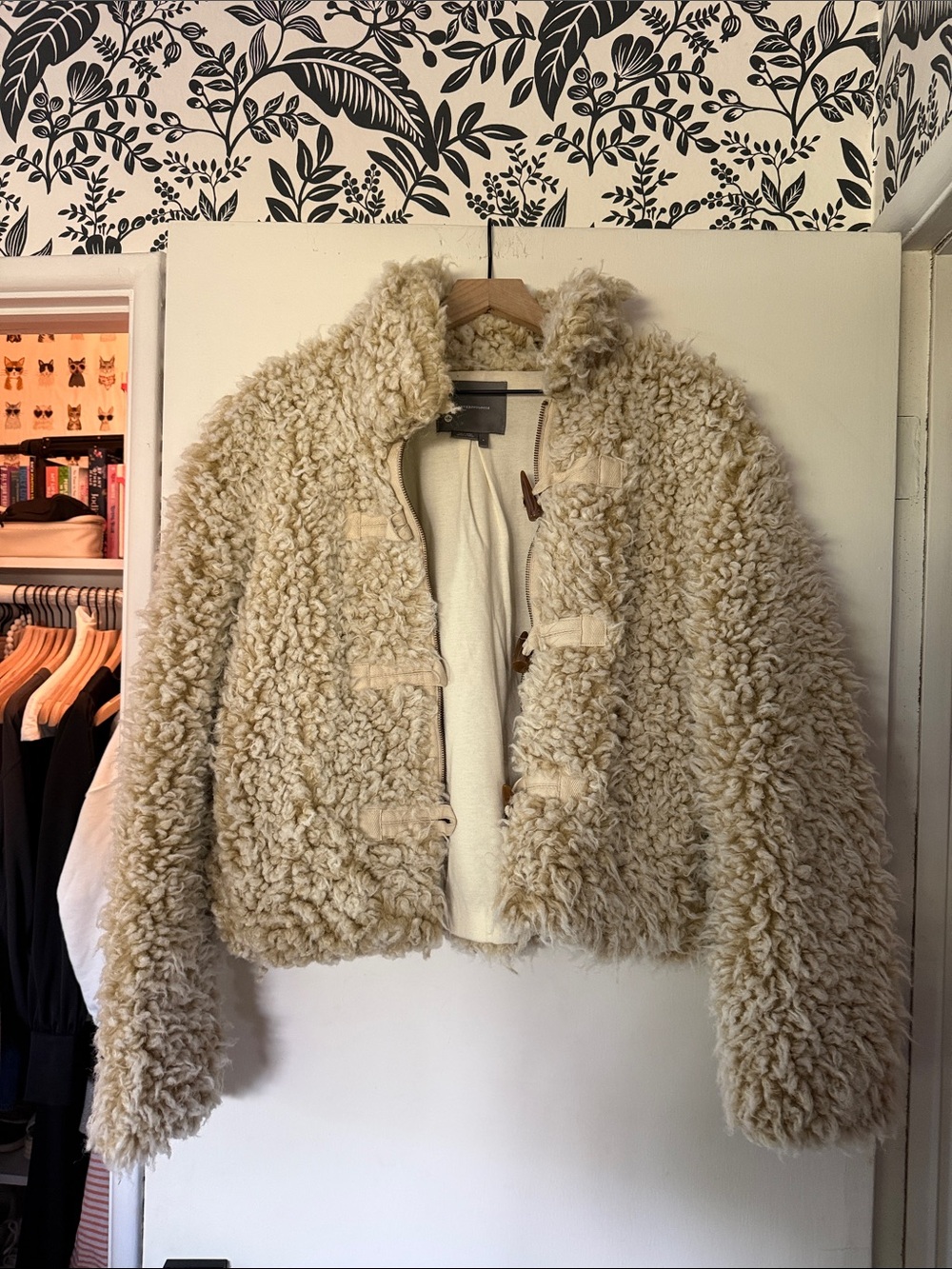 Anthropologie Cream Faux Shearling Teddy Jacket with Toggle Details